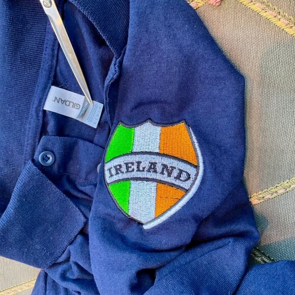 Gildan Shirt Polo Ireland Crest Blue Cotton Embroidered Patch Short Sleeve (L) - Picture 6 of 7